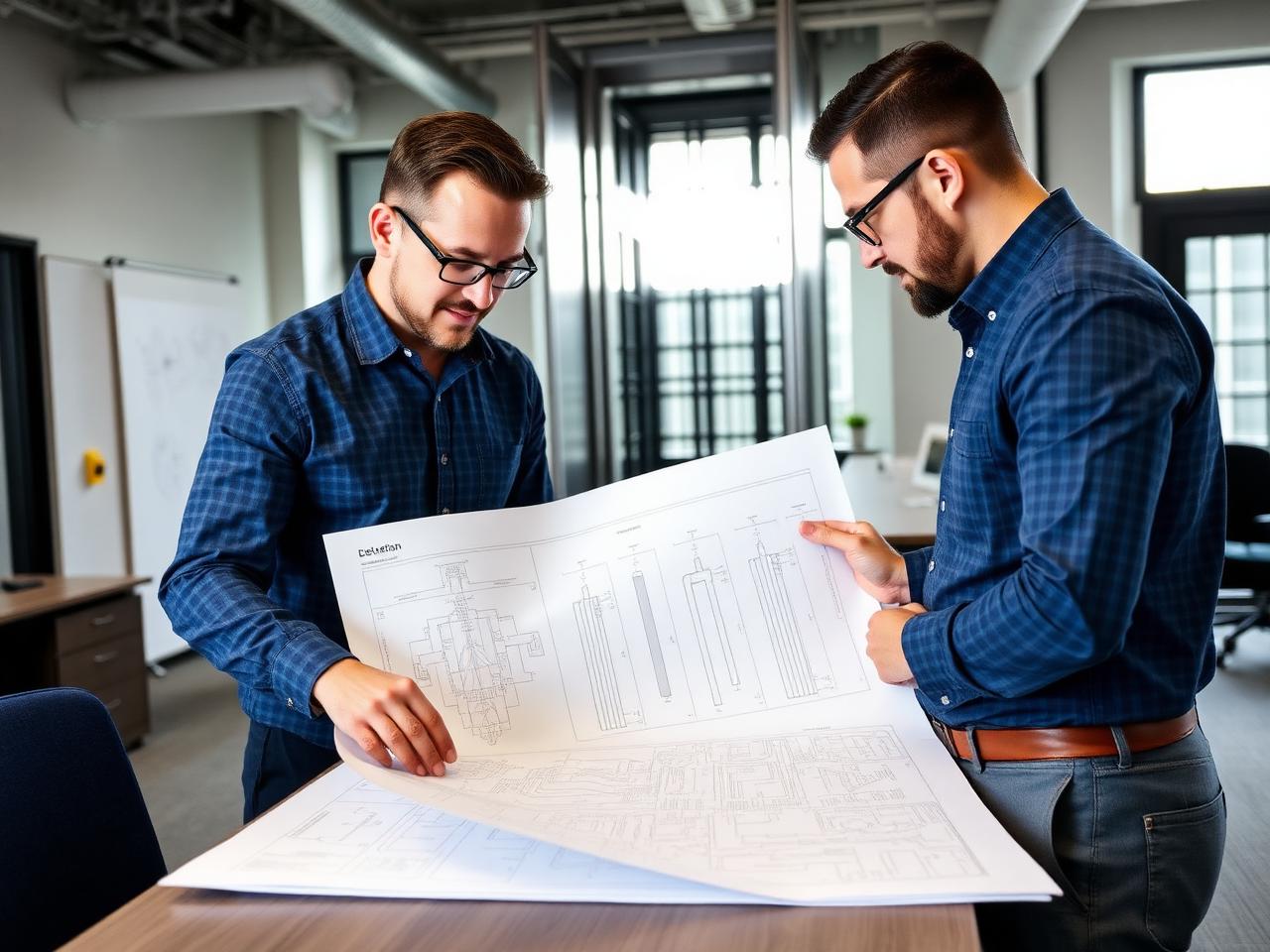 NG Ascensores engineers reviewing elevator schematics