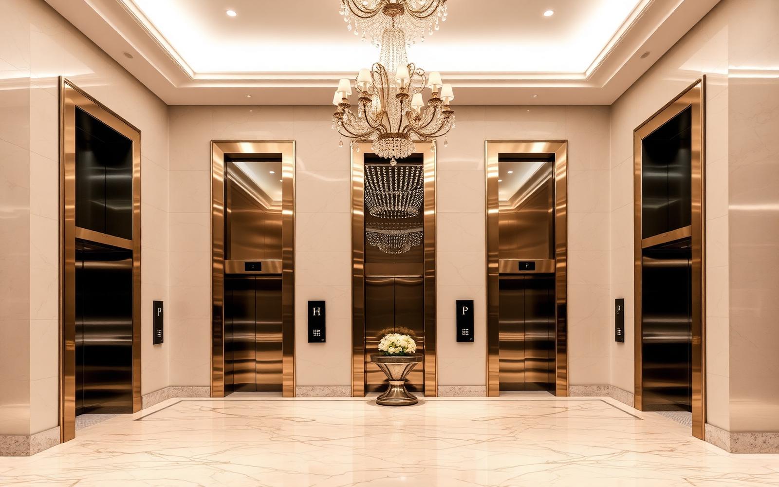 Luxury hotel lobby elevator bank with chandelier