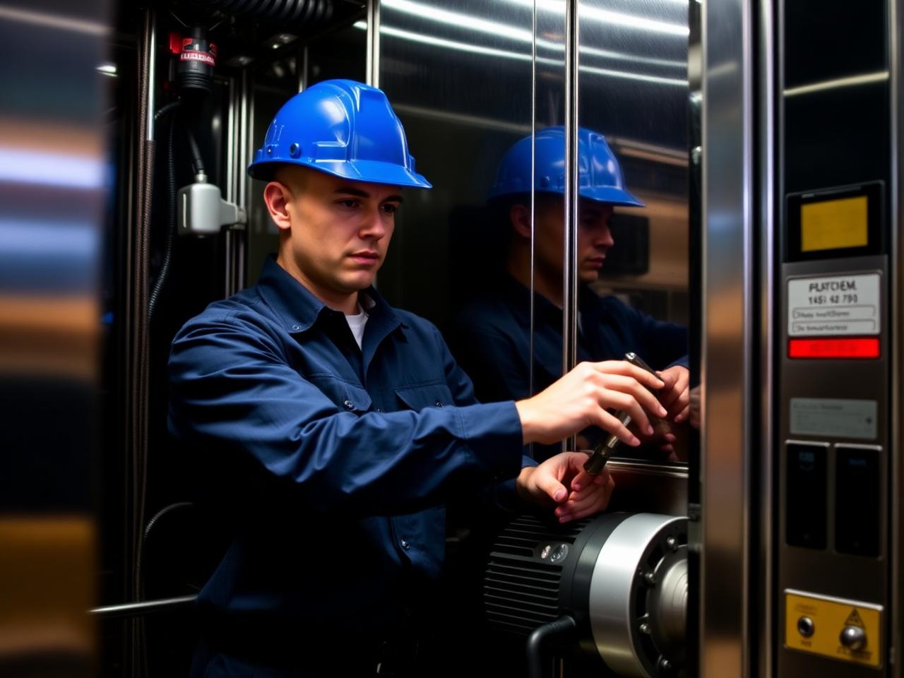 NG Ascensores technician servicing an elevator motor